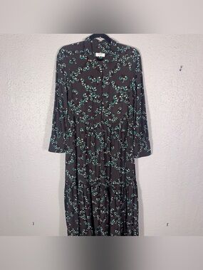 Toast Ume Floral Shirt Dress, Steel Deep Brown with Teal & White Florals size 6